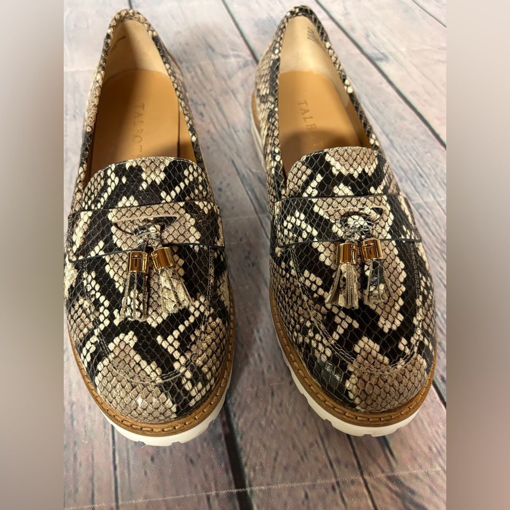 Talbots Laura Tassel Black Cream Classic Preppy Snake Embossed Loafers 6.5